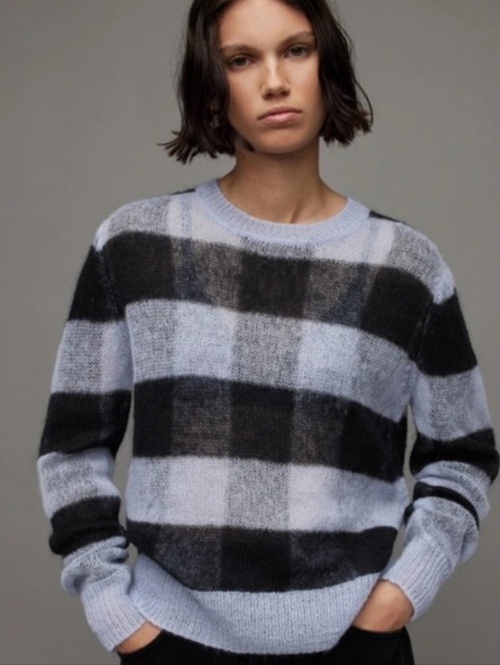 All Saints Renee Mohair Crewneck Sweater Blue Black Checkered